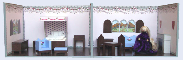Die Papier-Burgpuppenstube fertig gebastelt Die Papier-Burgpuppenstube zum selber basteln